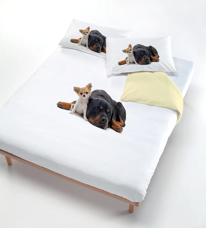 Italian Bed Linen Digital duvet cover set (bag sheet 250x200cm + 2 pillowcases 52x82cm),two dogs cream, Polyester, double bed
