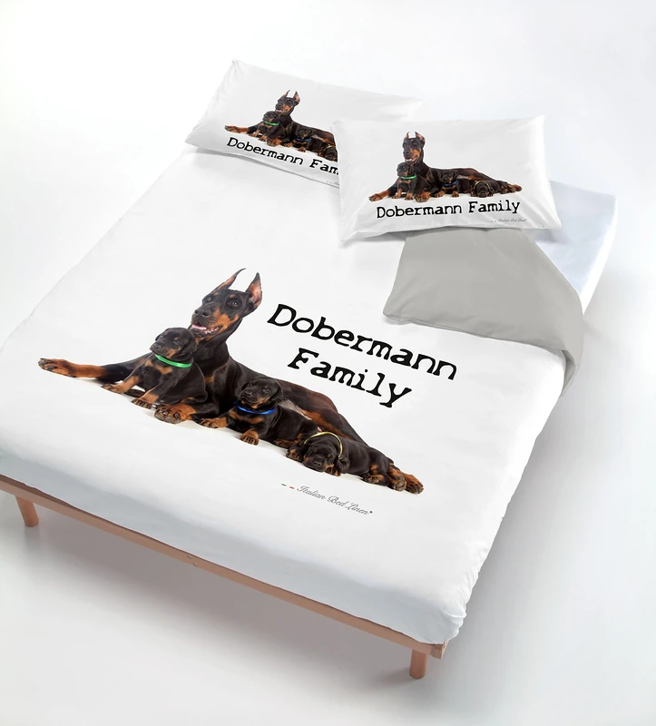 Italian Bed Linen Digital Duvet Cover Set (Bag Sheet 200x200cm + Pillowcase 52x82cm),Doberman Family, SMALL DOUBLE