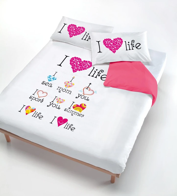 Italian Bed Linen Digital duvet cover set (bag sheet 250x200cm + 2 pillowcases 52x82cm),I love life, Linen, double bed