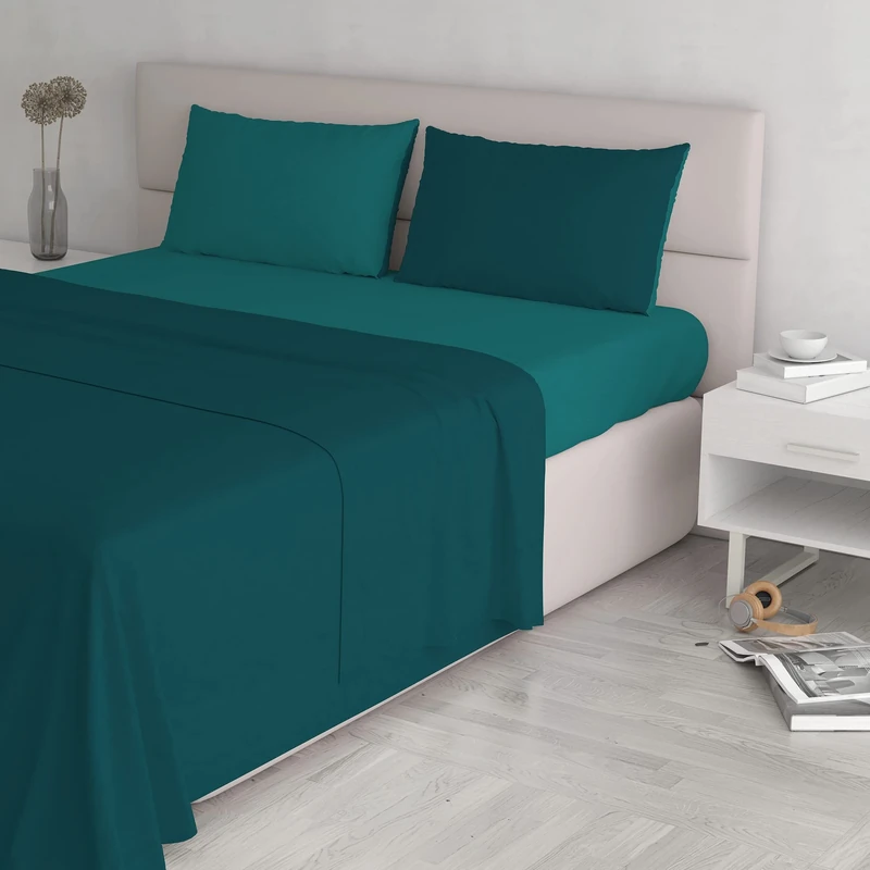 Italian Bed Linen Natural Color Bed Set (Flat 250x300, Fitted Sheet 170x200cm+2 Pillowcases 52x82cm), Petrol Bottle Green, DOUBLE