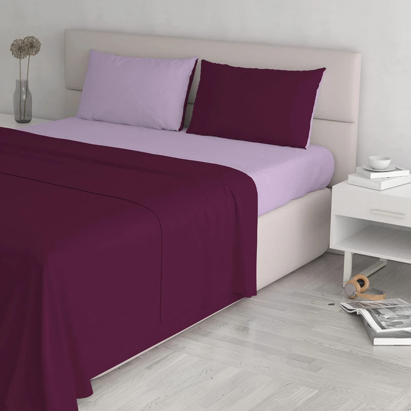 Italian Bed Linen Natural Color Bed Set (Flat 250x300, Fitted Sheet 170x200cm+2 Pillowcases 52x82cm), Petrol Bottle Green, lillac/Plum, DOUBLE