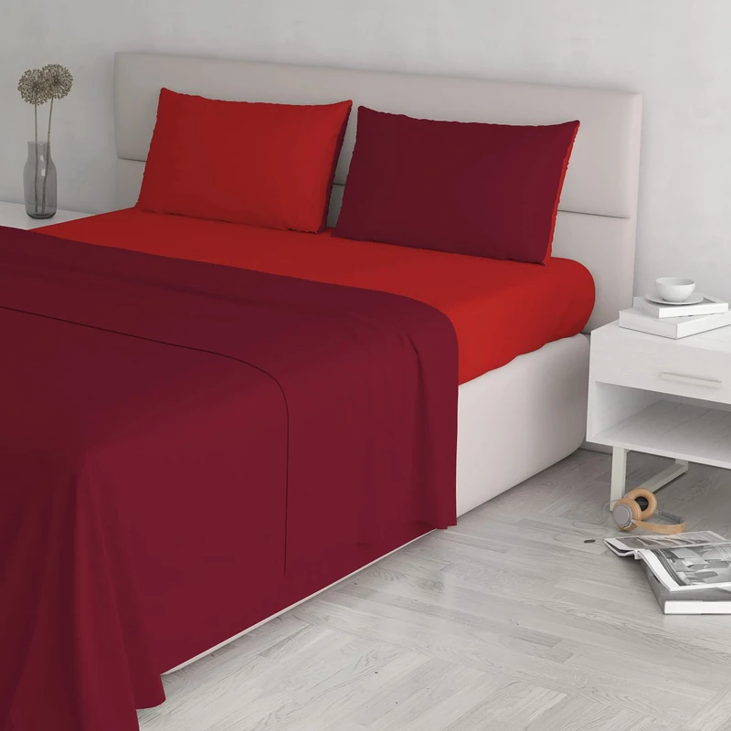 Italian Bed Linen Natural Color Bed Set (Flat 250x300, Fitted Sheet 170x200cm+2 Pillowcases 52x82cm), Petrol Bottle Green, red/Bordeaux, DOUBLE