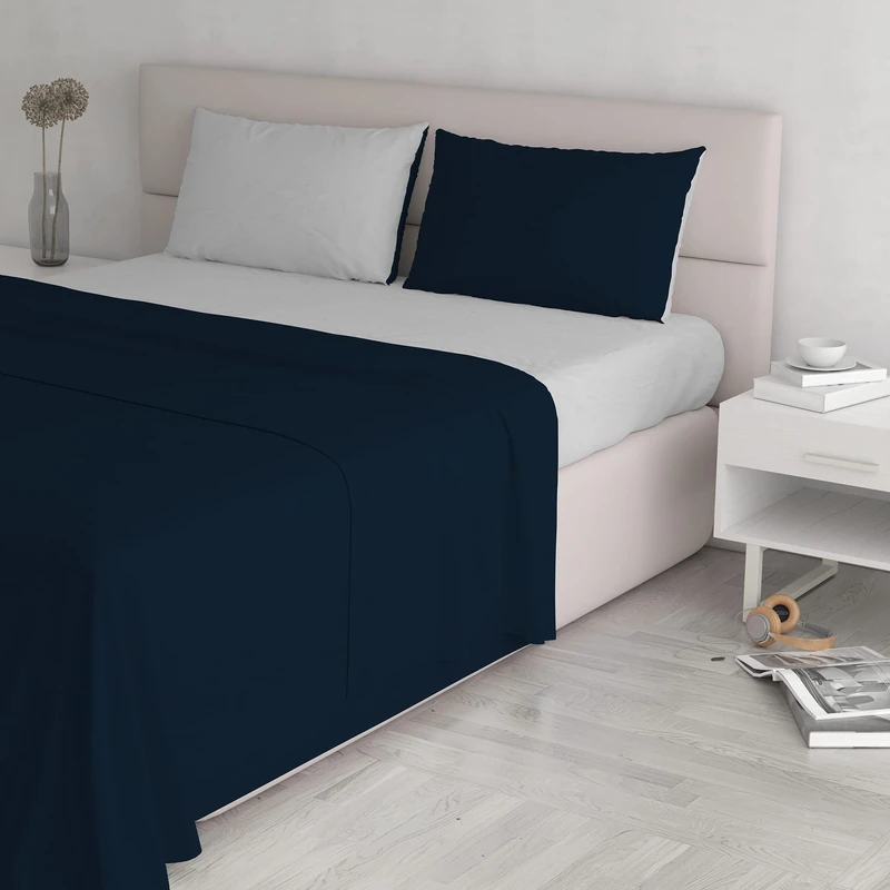 Italian Bed Linen Natural Color Bed Set (Flat 250x300, Fitted Sheet 170x200cm+2 Pillowcases 52x82cm), Petrol Bottle Green, Dark Blue/Light Gray, DOUBLE