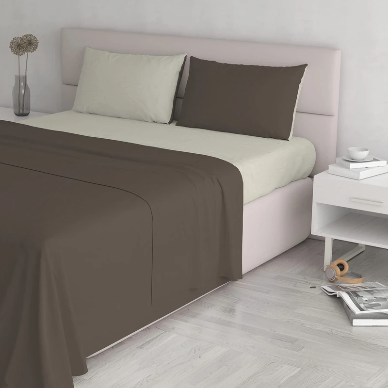 Italian Bed Linen Natural Color Bed Set (Flat 250x300, Fitted Sheet 170x200cm+2 Pillowcases 52x82cm), Petrol Bottle Green, Brown/Cream, DOUBLE