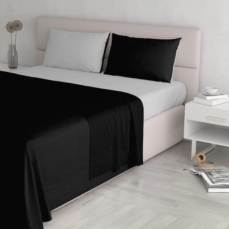 Italian Bed Linen Natural Color Bed Set (Flat 250x300, Fitted Sheet 170x200cm+2 Pillowcases 52x82cm), Petrol Bottle Green, Black/Light Gray, DOUBLE