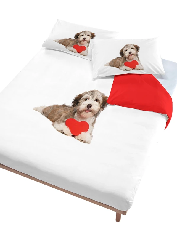 Italian Bed Linen Digital duvet cover set (bag sheet 250x200cm + 2 pillowcases 52x82cm),dog red heart, Linen, double bed
