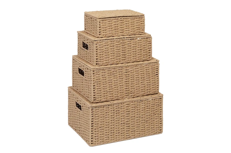 Arpan Storage Basket Hamper (Set of 4) - Storage Bin with Lid & Insert Handle for Easy Carrying - Convenient Storage Organizer Box - Including Small, Medium, Large, Extra Large(Natural)