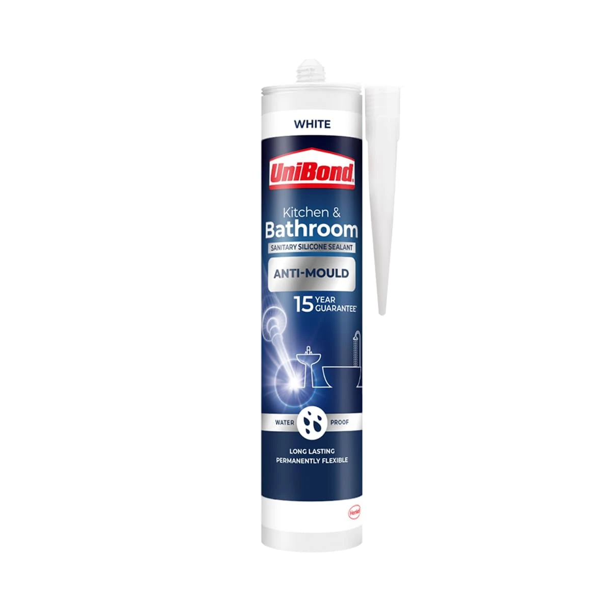 UniBond Anti-Mould White, Waterproof Mould Protection, Long-lasting White Silicone Sealant for Kitchen & Bathroom, Powerful Bath Sealant, 1 x 274g Cartridge