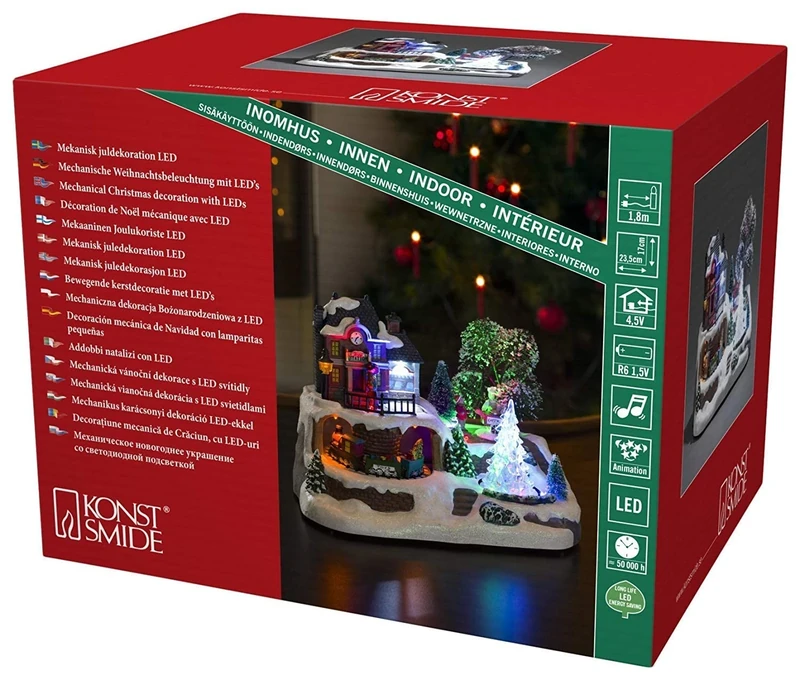 Konstsmide Christmas Lights "Christmas Train Station" LED Christmas Scene / Eight Colourful LEDs / Transformer or Battery Operation / Optional Eight Song Music Function / 23.5cm Wide 20cm High