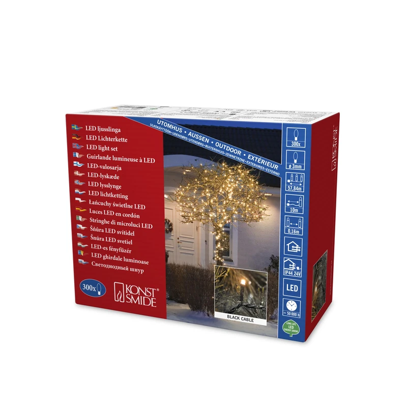 Konstsmide Christmas Lights/LED Fairy Lights/Christmas Tree Lights Outdoor or Indoor (IP44)/24V Transformer Plug In/300 Amber White Diodes/Black Cable String Lights