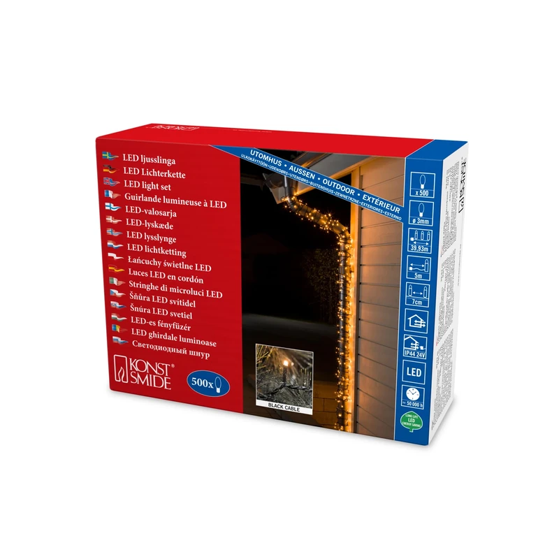 Konstsmide LED Christmas Fairy Lights Compact Tree Lights/Outdoor or Indoor (IP44) / 24V Transformer Plug In / 500 Amber White Diodes/Black Cable String Lights