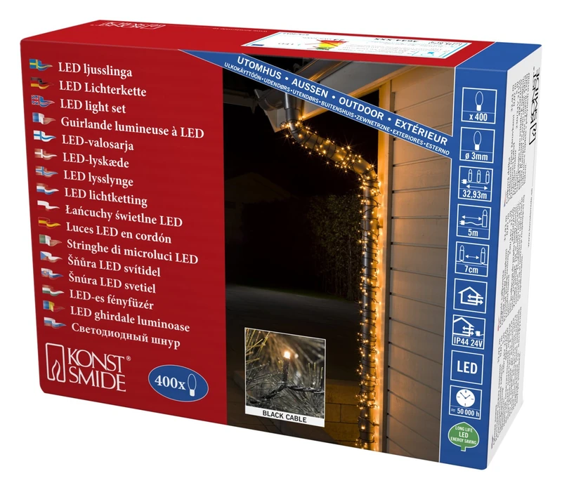 Konstsmide LED Christmas Fairy Lights Compact Tree Lights/Outdoor or Indoor (IP44) / 24V Transformer Plug in / 400 Amber White Diodes/Black Cable String Lights, 3644-800EE