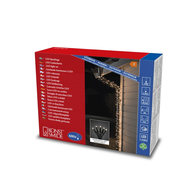 Konstsmide LED Christmas Fairy Lights Compact Tree Lights/Outdoor or Indoor (IP44) / 24V Transformer Plug In / 600 Warm White Diodes/Black Cable String Lights