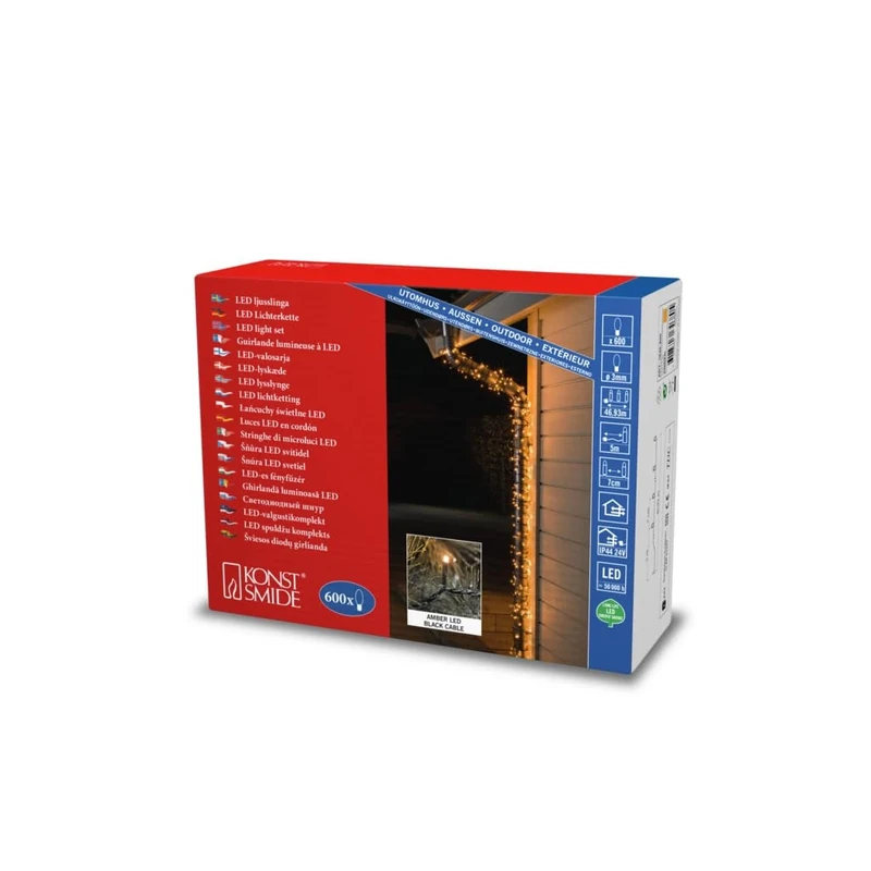 Konstsmide LED Christmas Fairy Lights Compact Tree Lights/Outdoor or Indoor (IP44) / 24V Transformer Plug In / 600 Amber White Diodes/Black Cable String Lights