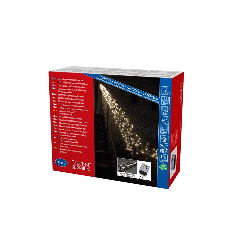 Konstsmide Micro LED Cluster Christmas Lights / Outdoor or Indoor (IP44) / 36V Transformer / 8 Functions, with Memory Control Unit / 1152 Warm White Diodes / Black Cable String Lights