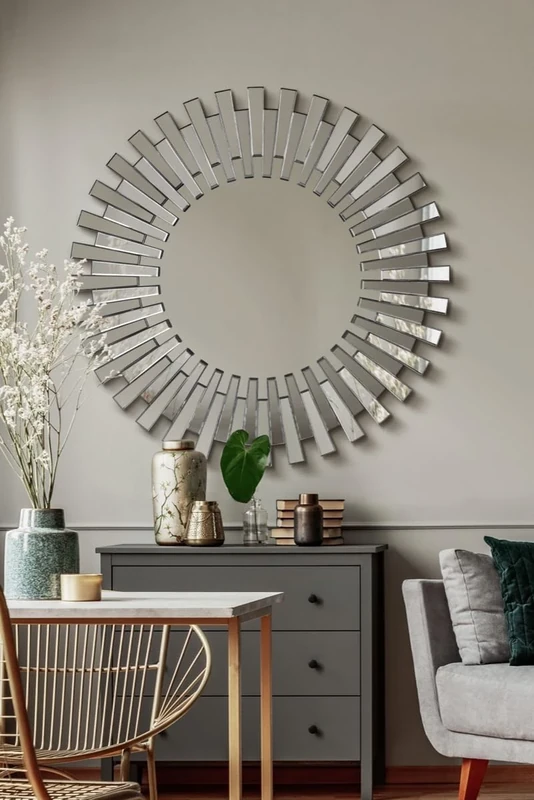 MirrorOutlet JH038 Modern Unique 3D Sunburst All Glass Venetian Round Wall Mirror, Silver, 3.5 x 120 x 120 cm