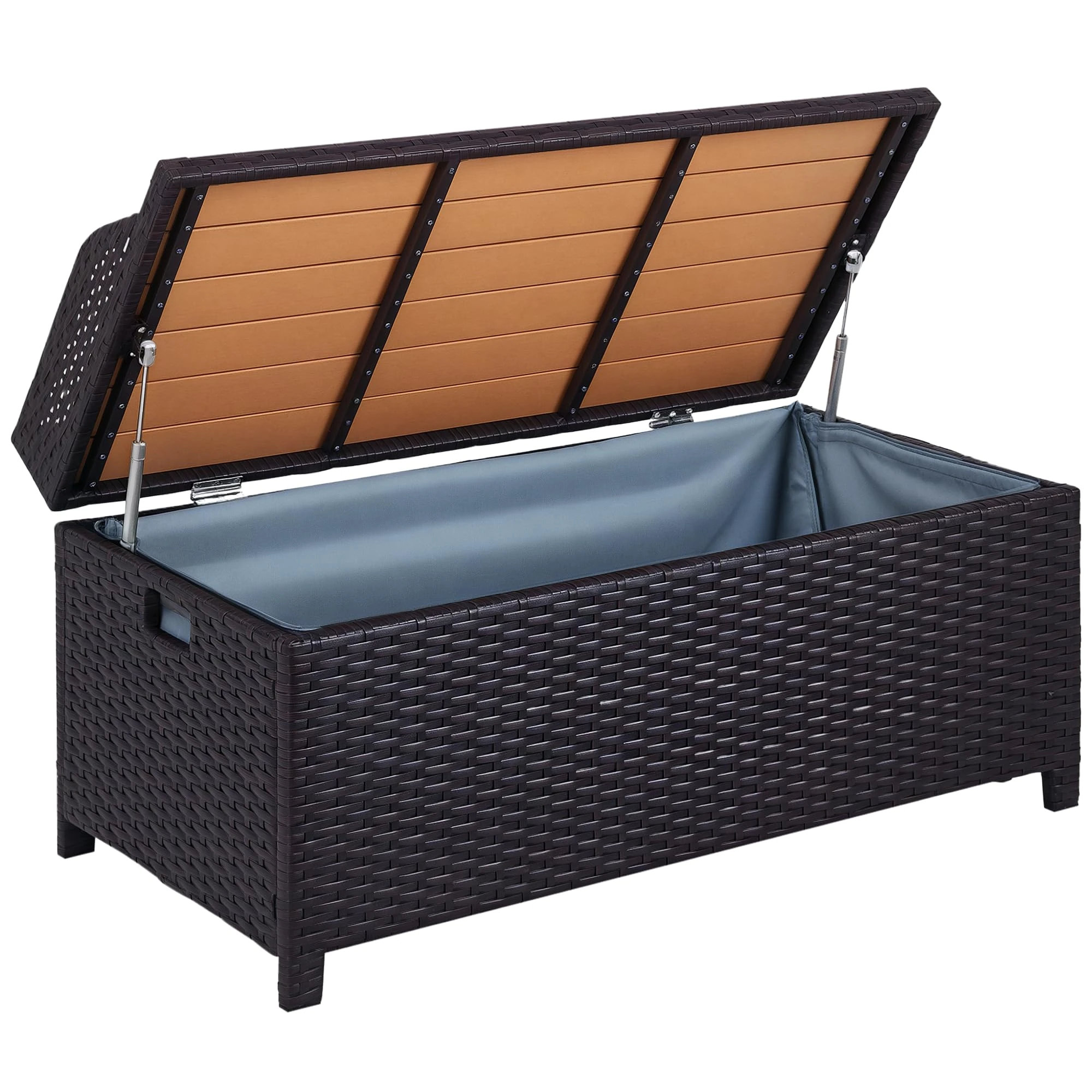 Outsunny PE Rattan Outdoor Storage Benches, Aluminium Garden Bench with Storage Underneath w/Zipped Inner Lining, Rods for Deck, Patio, Mixed Brown