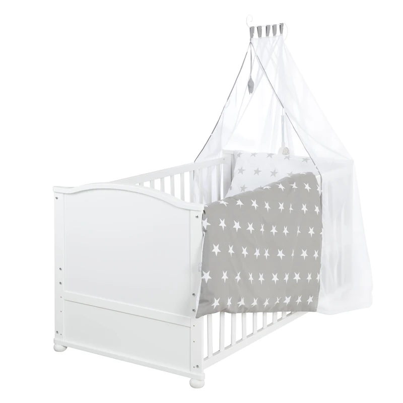 roba Little Stars Complete Bed Set White with Equipment, Combi Cot 70 x 140 cm Including Bed Linen, Canopy, Nest, Mattress