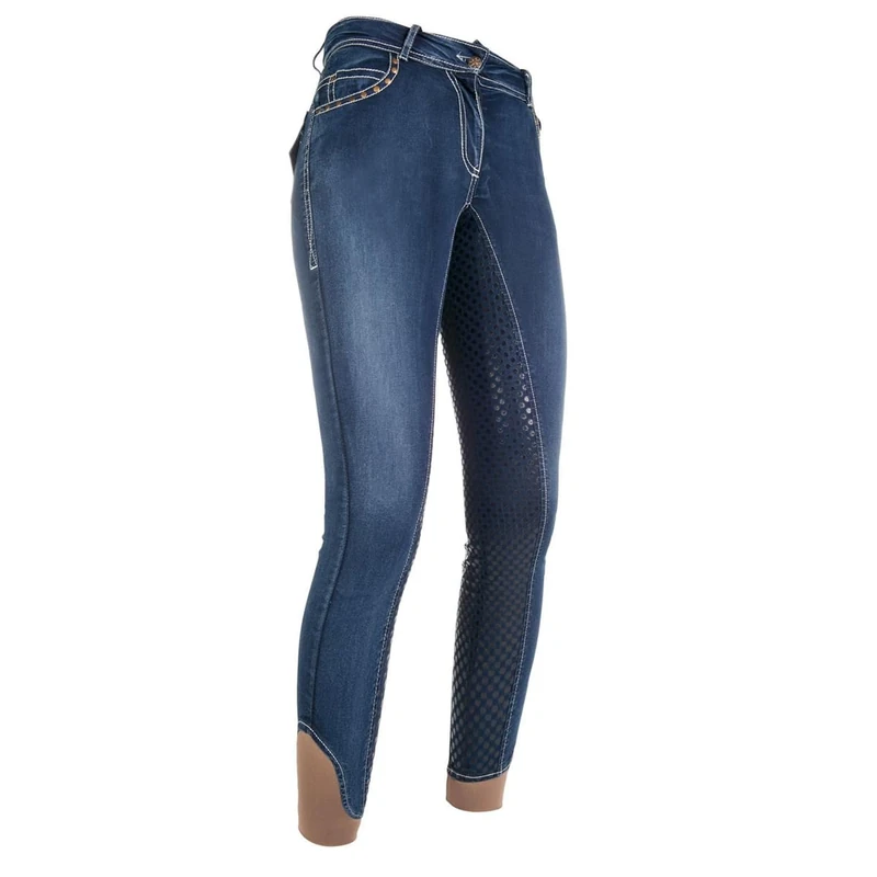 HKM Women's Pasadena Summer Denim Silicone Full seat Riding Breeches, Jeans Blue, 32