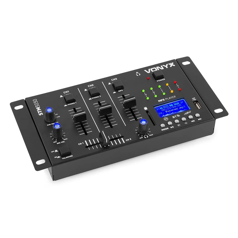 Vonyx STM3030 4 Channel DJ Mixer with Bluetooth, USB MP3 Playback & Recording, SD Card, 2 Microphone Inputs, Crossfader, Compact Audio Mixing Console for DJs, Events & Home Audio Systems