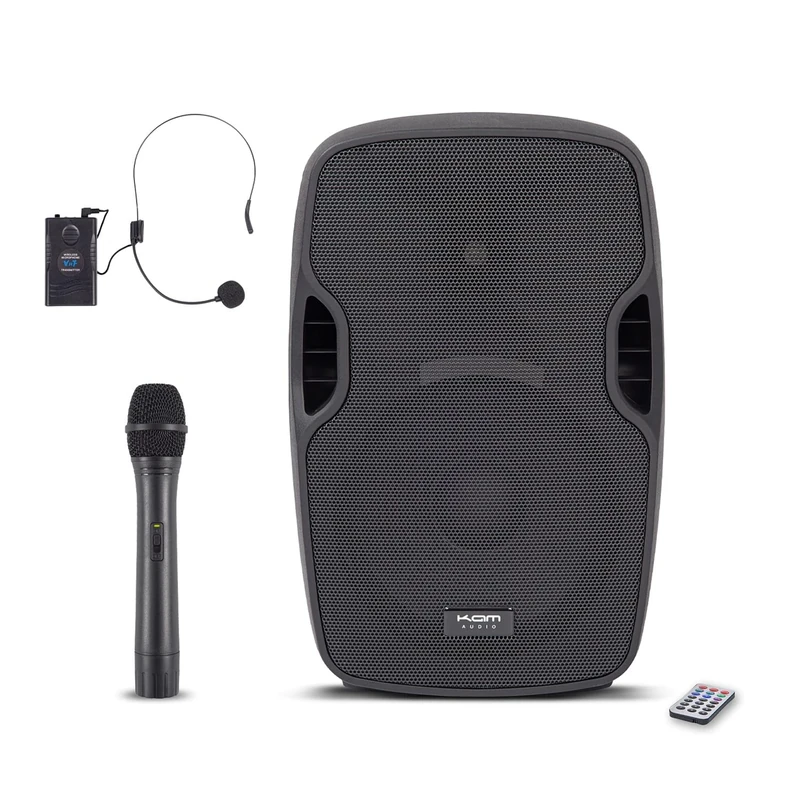 KAM RZ12AAP V3 800W 12" Portable Bluetooth® PA Speaker – Complete PA System with Dual Wireless Microphones, USB/SD Media Player, and Rechargeable Battery
