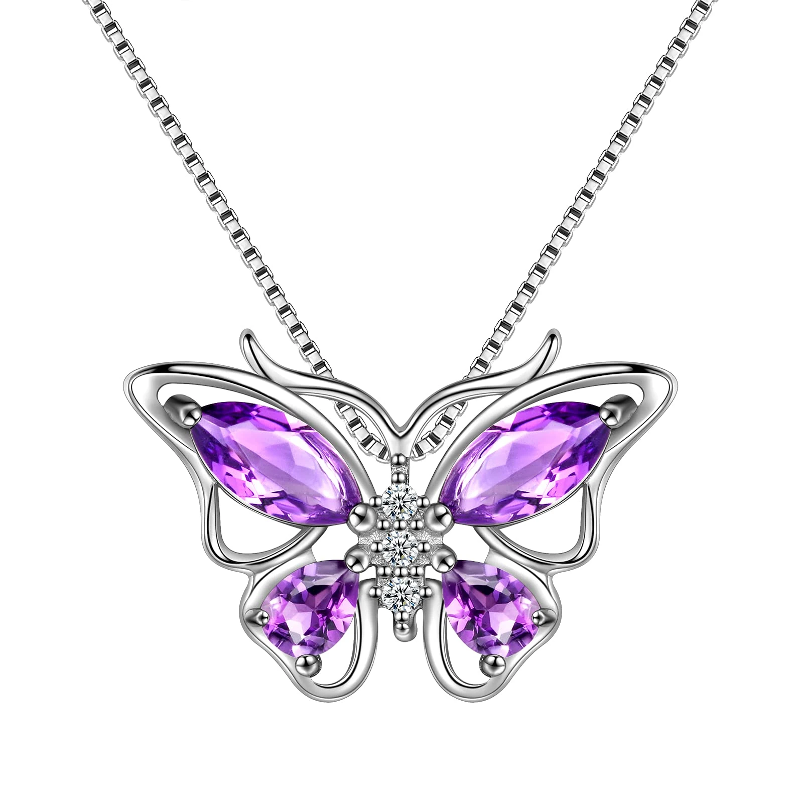 Aurora Tears 925 Sterling Silver Butterfly Necklaces February Birthstone Purple Amethyst Pendant Jewelry Necklace for Women Girls DP0013P