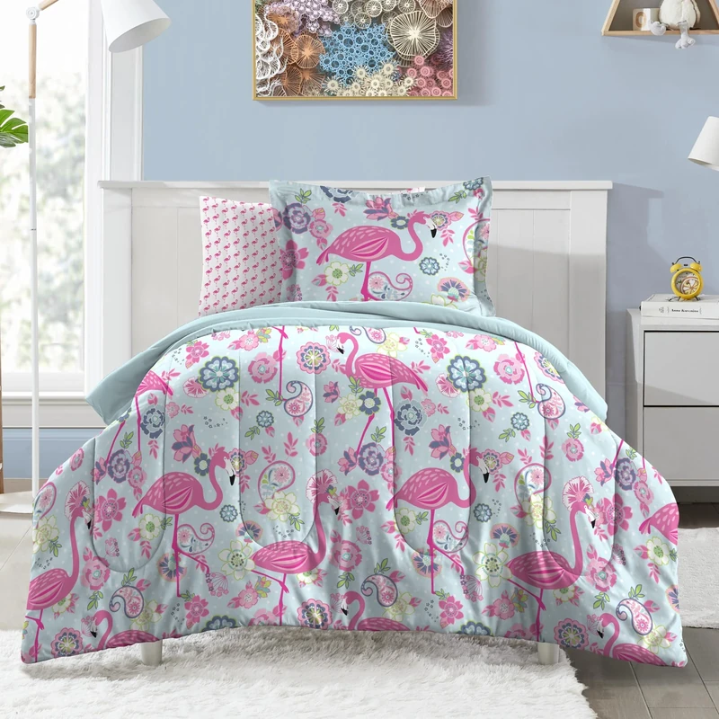 dream FACTORY Easy-Wash Super Soft Microfiber Comforter Bedding, Pink Flamingo, Full