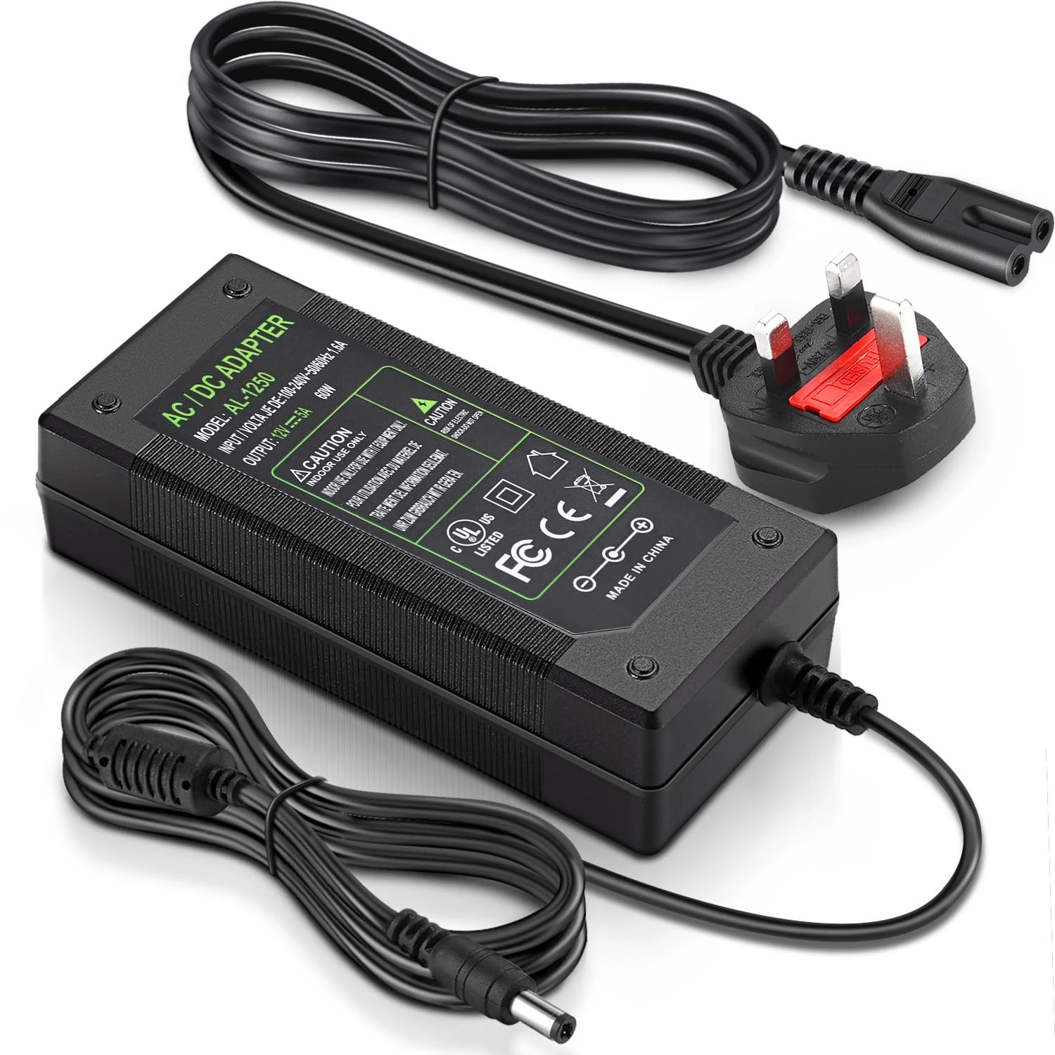 Facmogu DC 12V 5A Power Supply Adapter, 3m/9.84Ft Long Cable AC 100-240V to DC 12V 60W Power Adapter, 12 Volts 5000mA Switching Power Converter UK Adaptor Transformer w/ 5.5 x 2.5mm & 5.5 x 2.1mm Jack