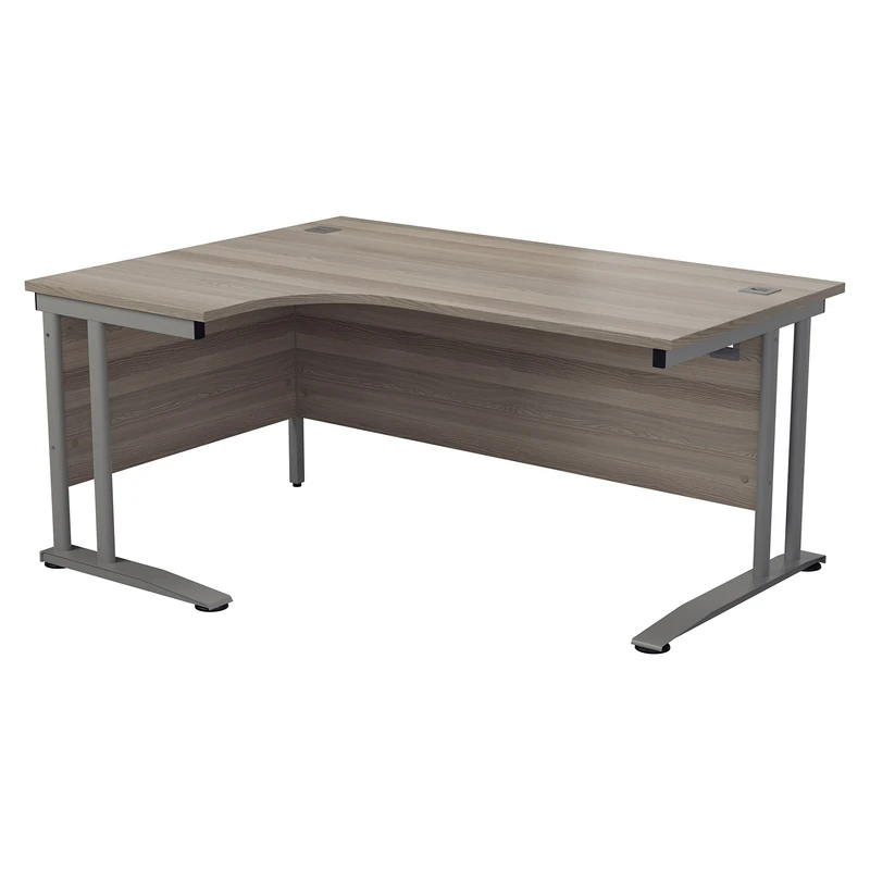Office Hippo - L Shaped Office Desk 160 x 120cm. Large Corner Computer Desk for Home Office With Integrated Cable Ports, Ideal for Work, Study, Gaming and Hobby Workstation (Grey Oak/Silver)