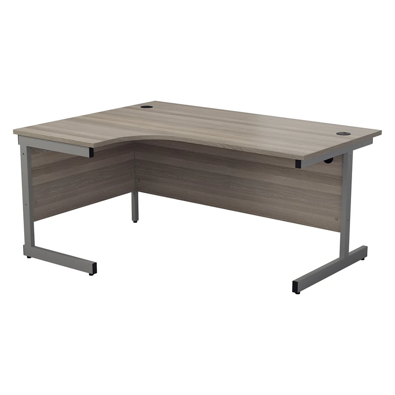 Office Hippo Heavy Duty Corner Desk, Strong & Reliable Workstation, Integrated Cable Ports, PC Desk For Office or Home - Grey Oak Top / Silver Frame