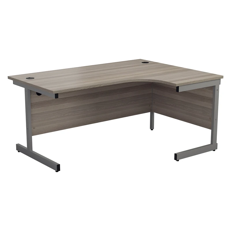 Office Hippo Heavy Duty Right Corner Desk - Strong & Reliable Workstation, Integrated Cable Ports, PC Desk For Office or Home - Grey Oak Top / Silver Frame