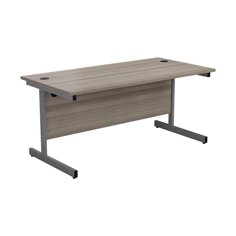 Office Hippo Heavy Duty Rectangular Cantilever Desk, Home or Office Use, with Integrated Cable Ports - Silver Frame/Grey Oak Top, 140cm x 80cm
