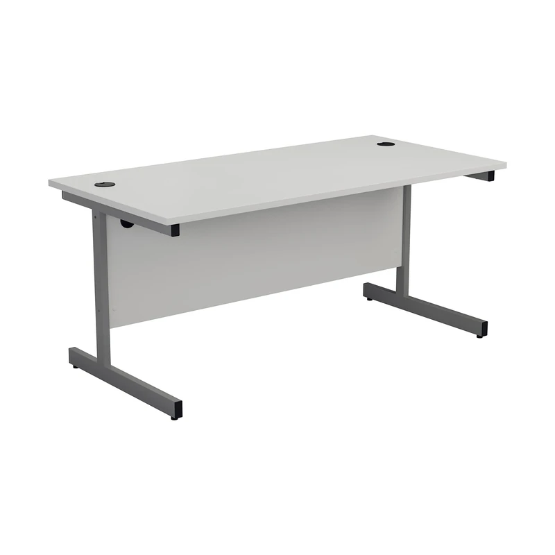 Office Hippo Heavy Duty Rectangular Cantilever Desk, Home Office Table + Integrated Cable Ports, PC Desk For Office or Home, 5 Yr Wty - Silver Frame/White Top, 180cm x 80cm