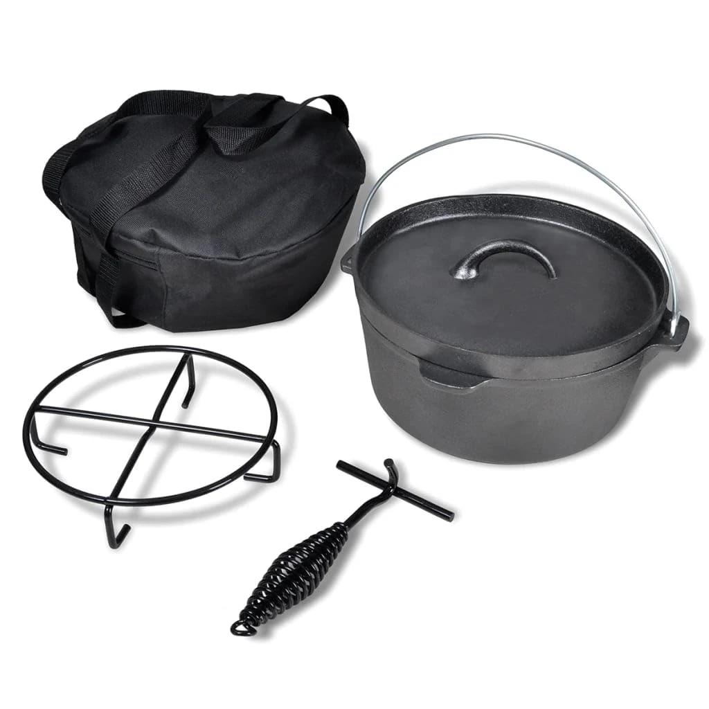 VidaXL Cast Iron Dutch Oven - 4.2L Capacity with Accessories, Perfect for Casseroles, Stews, Roasts, Durable and Portable with Carrying Bag - Black