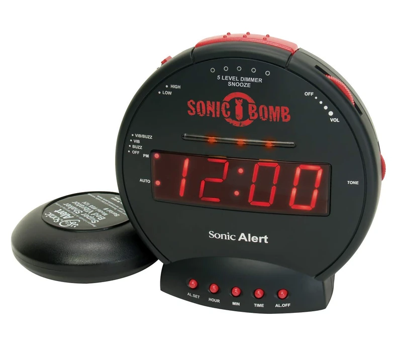 Geemarc Black Sonic Bomb Vibration Alarm Clock, 85 dB, Touch Control, Large Display, Snooze Function, Battery Powered