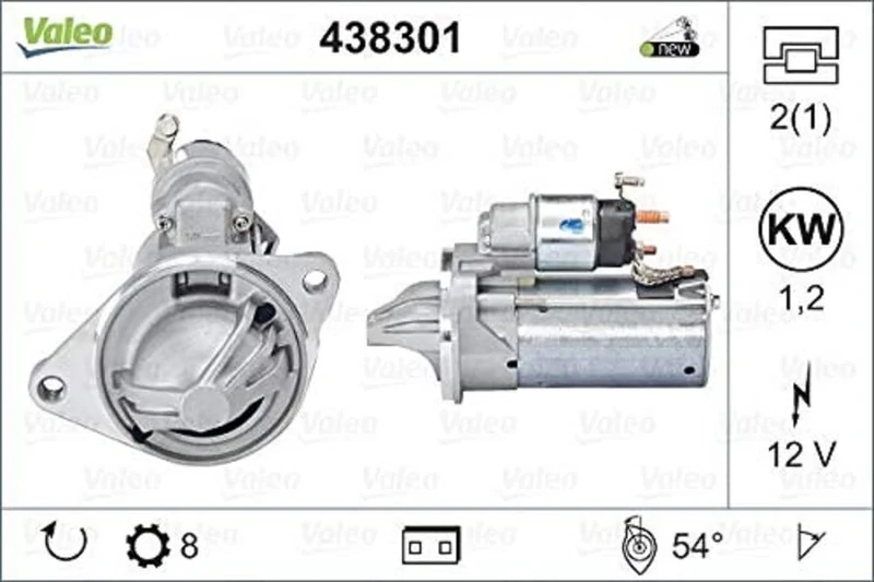 VALEO 438301 Starter Power: 1,2 kW Stop & Start: NO Number of teeth: 8 teeth Voltage: 12 V Rotation direction: CLOCKWISE