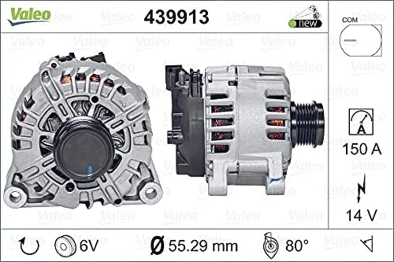 VALEO 439913 Alternator Alternator Charge current: 150 Amp Grooves: 6 grooves Pulley diameter: 55 mm Voltage: 14 V Rotation direction: CLOCKWISE
