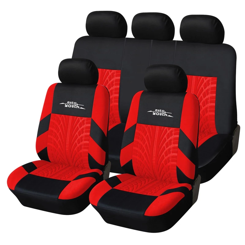 AUTOYOUTH Car Seat Covers, Front Seat Covers with Split Car Bench for Women, Full Set of Seat Protectors, Red, 9 Pieces