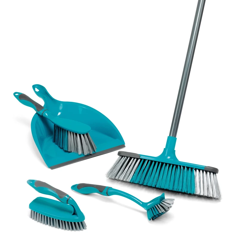 Beldray LA024152TQ Cleaning Bundle with Broom - Dustpan and Brush Set, Scrubbing & Dish Brushes, Long Handled Indoor Floor Sweeping, Washing Up Brushes, Bathroom/Tile/Grout Cleaner, Soft Grip, Blue