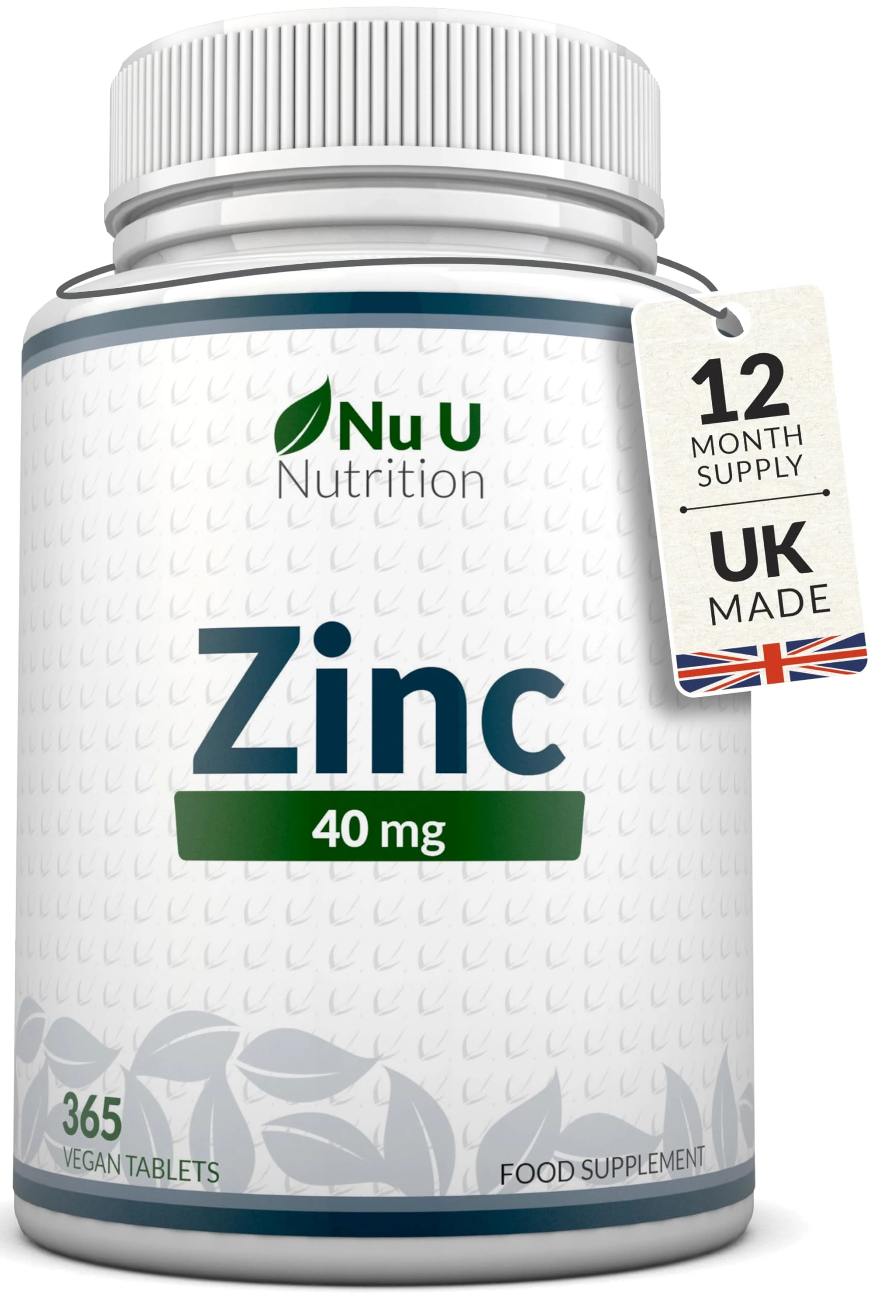 Zinc Tablets 40mg - 365 Vegan Tablets - 1 Year Supply - 1 a Day - Easy to Swallow Zink Gluconate - Supplement for Men & Women - Made in The UK - Nu U Nutrition