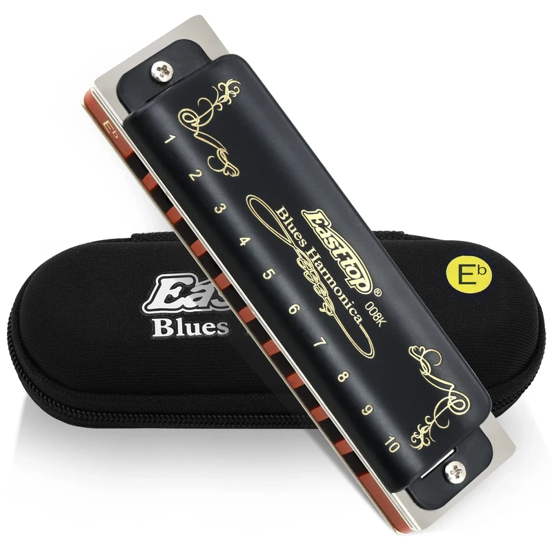 East top 10 Holes Professional Diatonic Blues Harmonica T008K in Eb, Top Grade Mouth Organ harmonica for Adults, Professional Player and Students