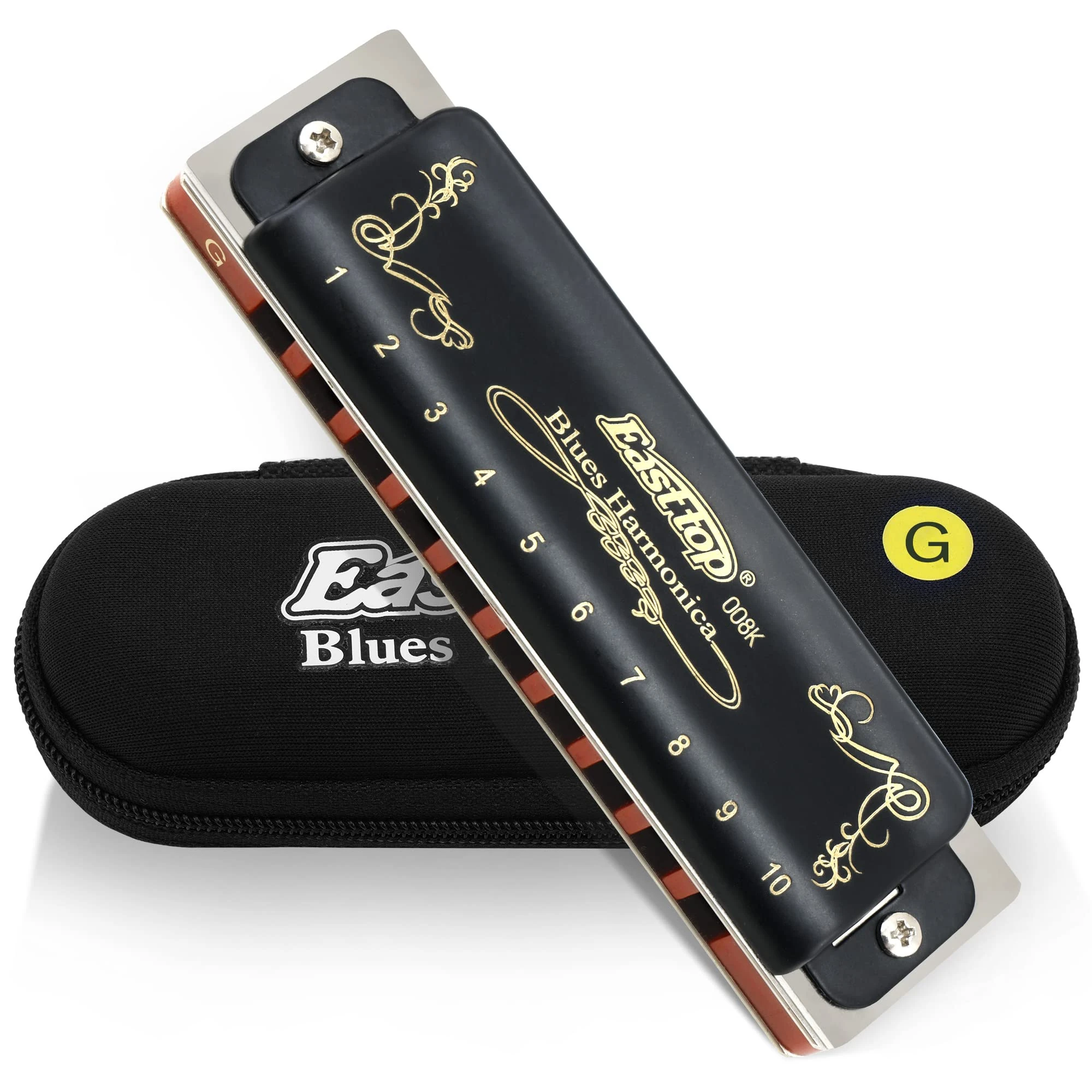 East top 10 Holes 20 Tones Professional Diatonic Blues Harmonica T008K in G, Top Grade Mouth Organ harmonica for Adults, Professional Player and Students