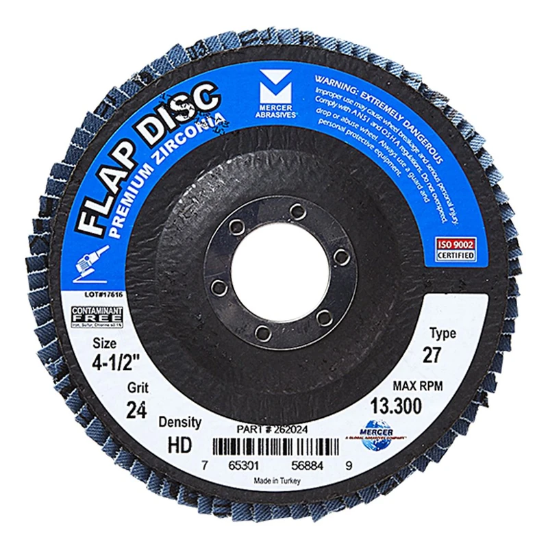 Mercer Industries 262024 Zirconia Flap Disc, High Density Type 27, 4-1/2"x 7/8" Grit 24, 10 Pack