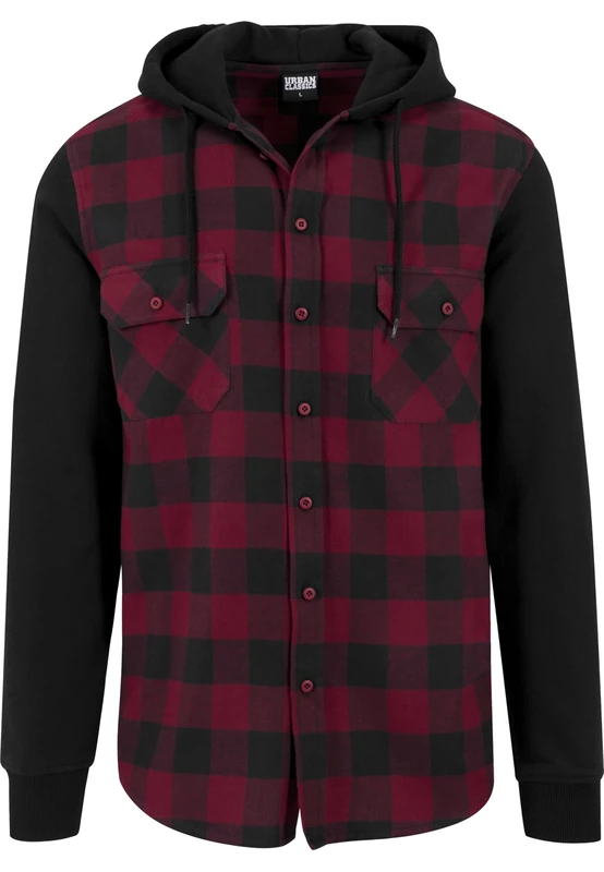 Urban Classics Men's Hooded Checked Flannel Sweat Sleeve Shirt, blk/Burgundy/blk, XL