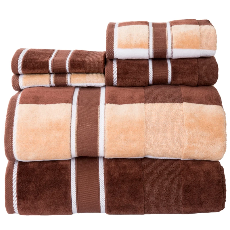 Lavish Home 6-Piece Bath Towels Set - Oakville Beige-Striped 100% Cotton Velour Set With 2 Bath Towels, 2 Hand Towels, and 2 Washcloths