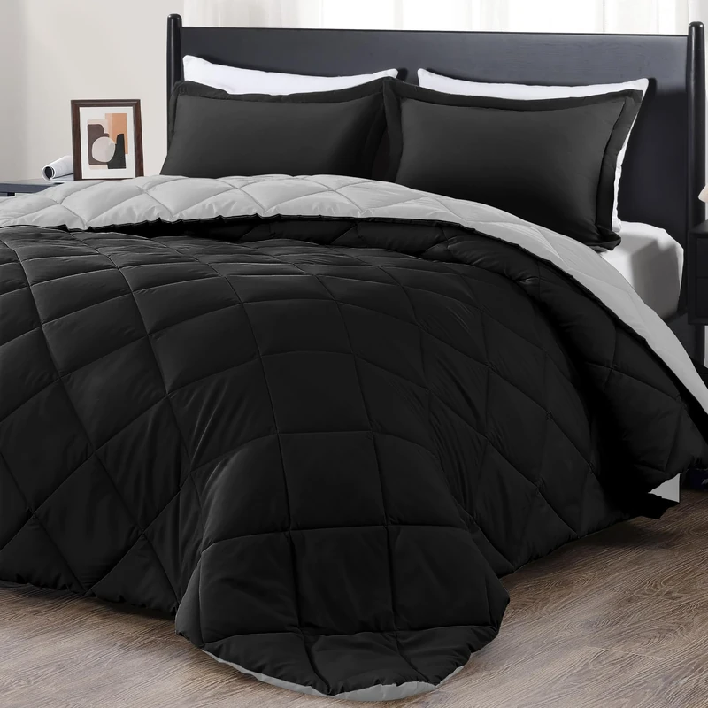 Downluxe King Size Comforter Set - Black and Grey 3-Piece Set - 1 Comforter (104"x92") and 2 Pillow Shams (20"x36")