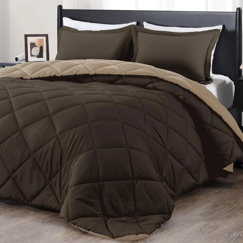 downluxe King Size Comforter Set - Brown and Tan King Comforter, Soft Bedding Sets for All Seasons -3 Pieces - 1 Comforter (104"x92") and 2 Pillow Shams(20"x36")