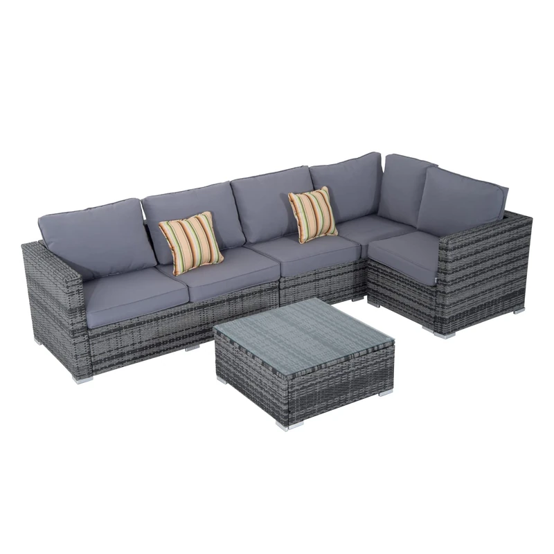 Outsunny 4 Pieces Rattan Garden Furniture Set, Wicker Outdoor Furniture Set with Corner Sofa Loveseat Coffee Table Cushions, Conservatory Furniture Set for Patio Balcony, Grey