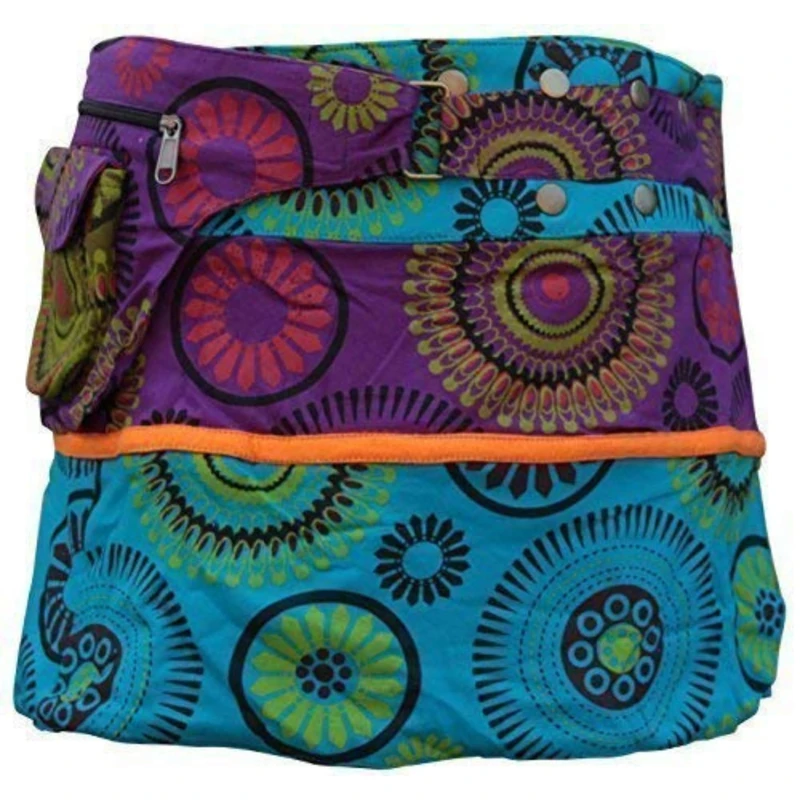 SHOPOHOLIC FASHION Womens Reversible Both Side Wrap Round Hippy Popper Mini Skirt with Hip Pockets (D8)