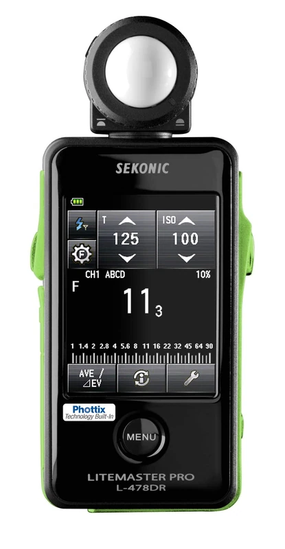 Sekonic L-478DR-PX LiteMaster Pro for Phottix. L-478DR-PX. Strap and case included. Touch screen light meter for ambient and flash light readings. For photographers and filmmakers.
